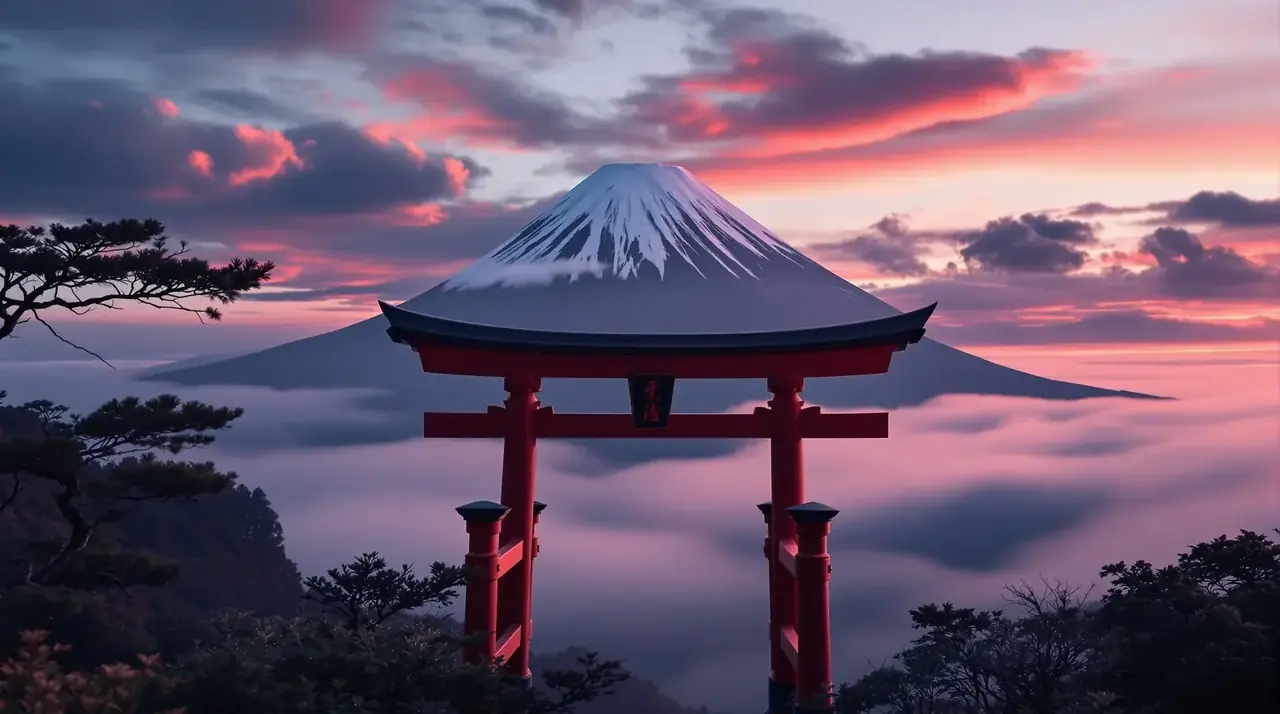 影视 app杂志封面，朱红鸟居与富士山